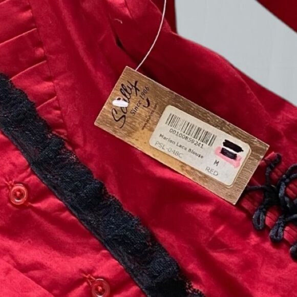 SCULLY Shirt Corset NWT Blouse Marion Ruffle Button Up Stretch Red Black Size M - Picture 10 of 14